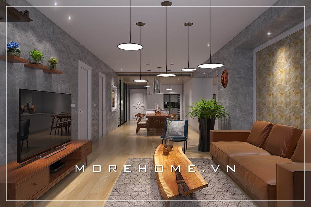 Mẫu thiết kế phòng khách chung cư hiện đại này là sự kết hợp của những bộ sofa da cao cấp, bàn trà gỗ nguyên tấm độc đáo, kệ ti vi gỗ nhỏ gọn kết hợp cách trang trí độc đáo mang đến không gian sống